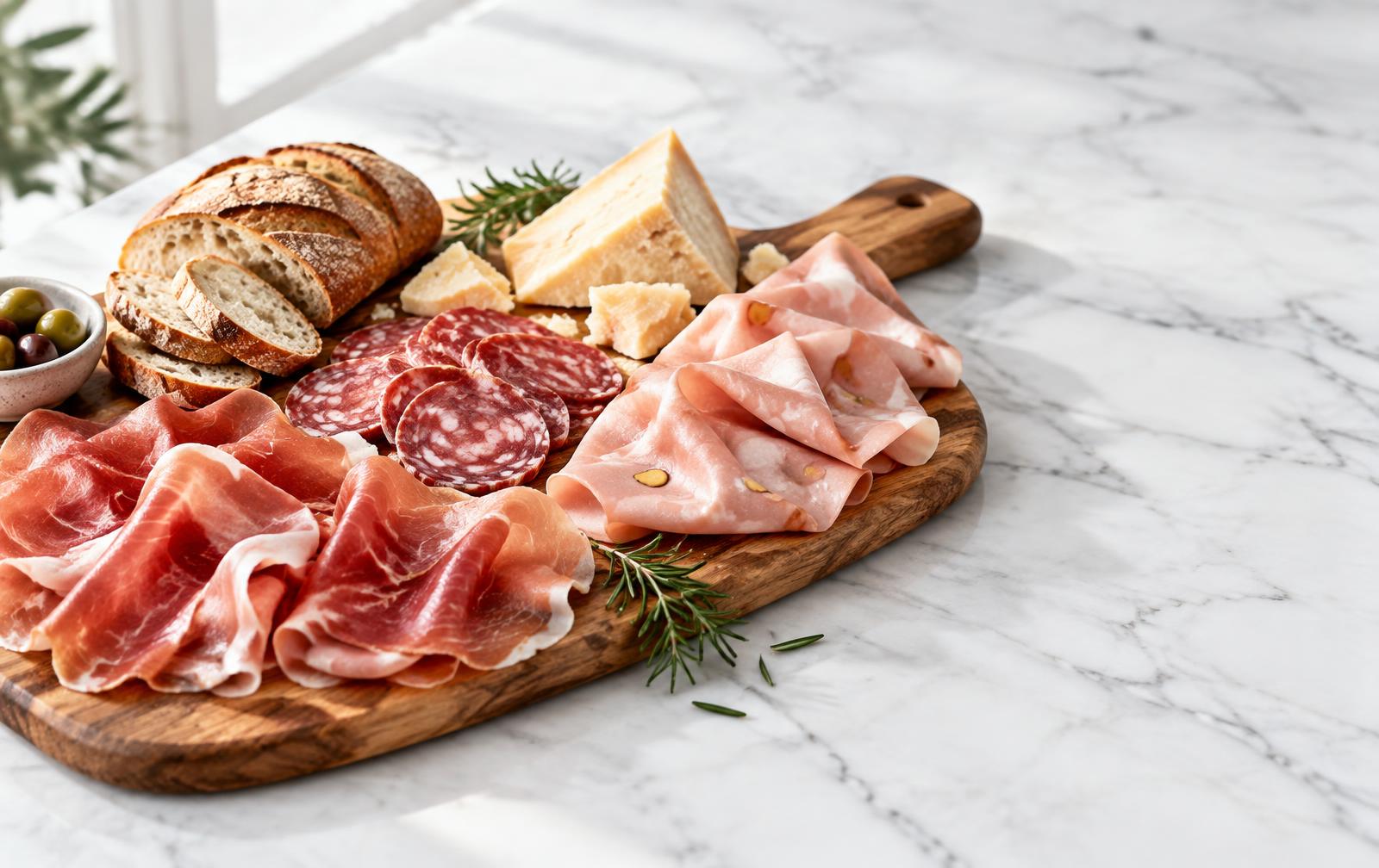 Tagliere di salumi, formaggi e pane della tradizione italiana